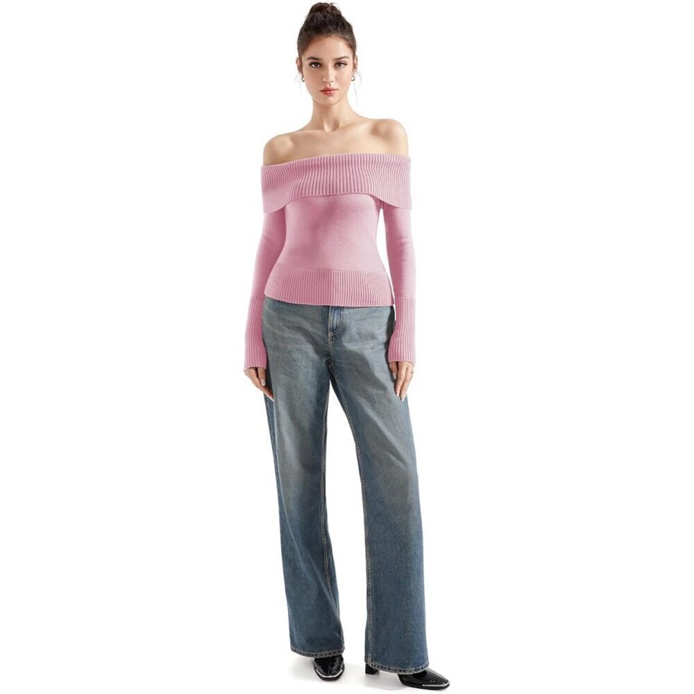 Women Pink Off Shoulder Long Sleeve Tops Blouse Sweaters - Picture 5 of 7